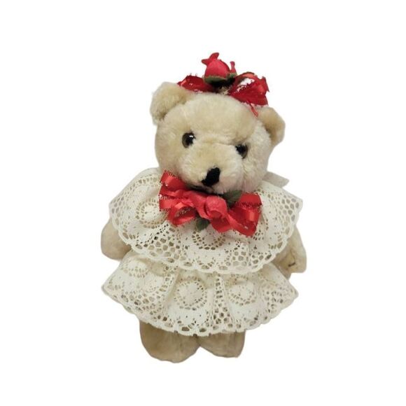 TEDDY BEARS Lace Accents & Satin Roses, movable limbs 7" - Picture 1 of 4